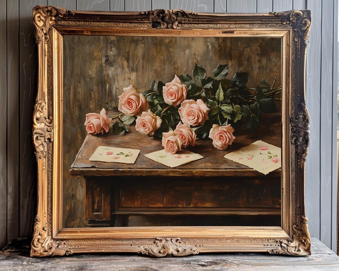 Blush Pink Roses with Vintage Botanical Cards on Wood Poster