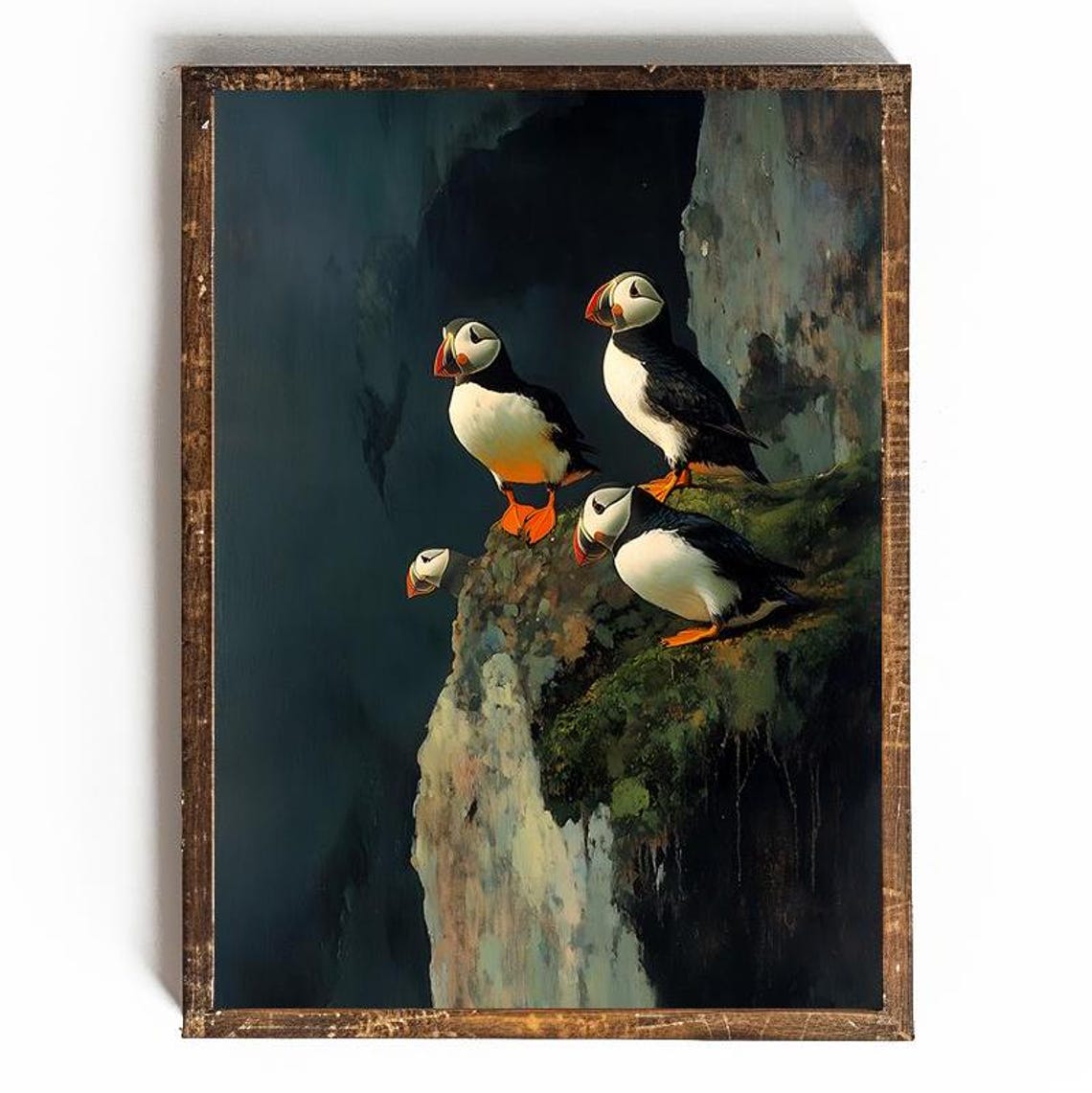 Four Atlantic Puffins On Rocky Cliff Vintage Seabird Bird Poster