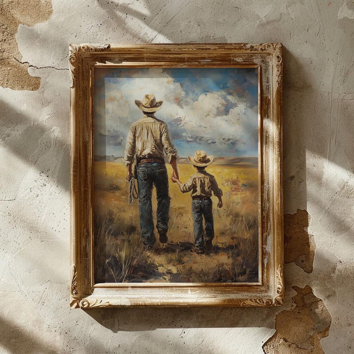 Cowboy Father And Son Walking Across Golden Prairie At Dusk Poster - Image 3