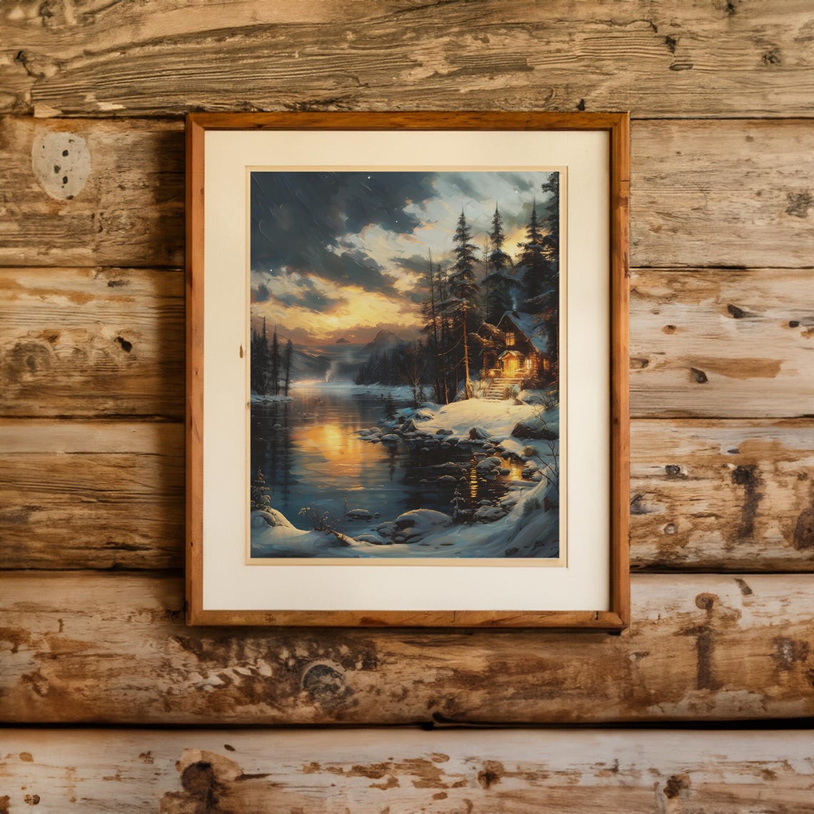 Winter Cabin on the Lake at Sunset Cozy Snowy Lodge Scene Poster - Image 4