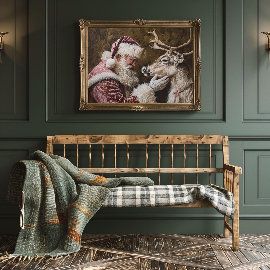 Pink Velvet Santa Nuzzling a Reindeer in Gold Brocade Poster - Image 2