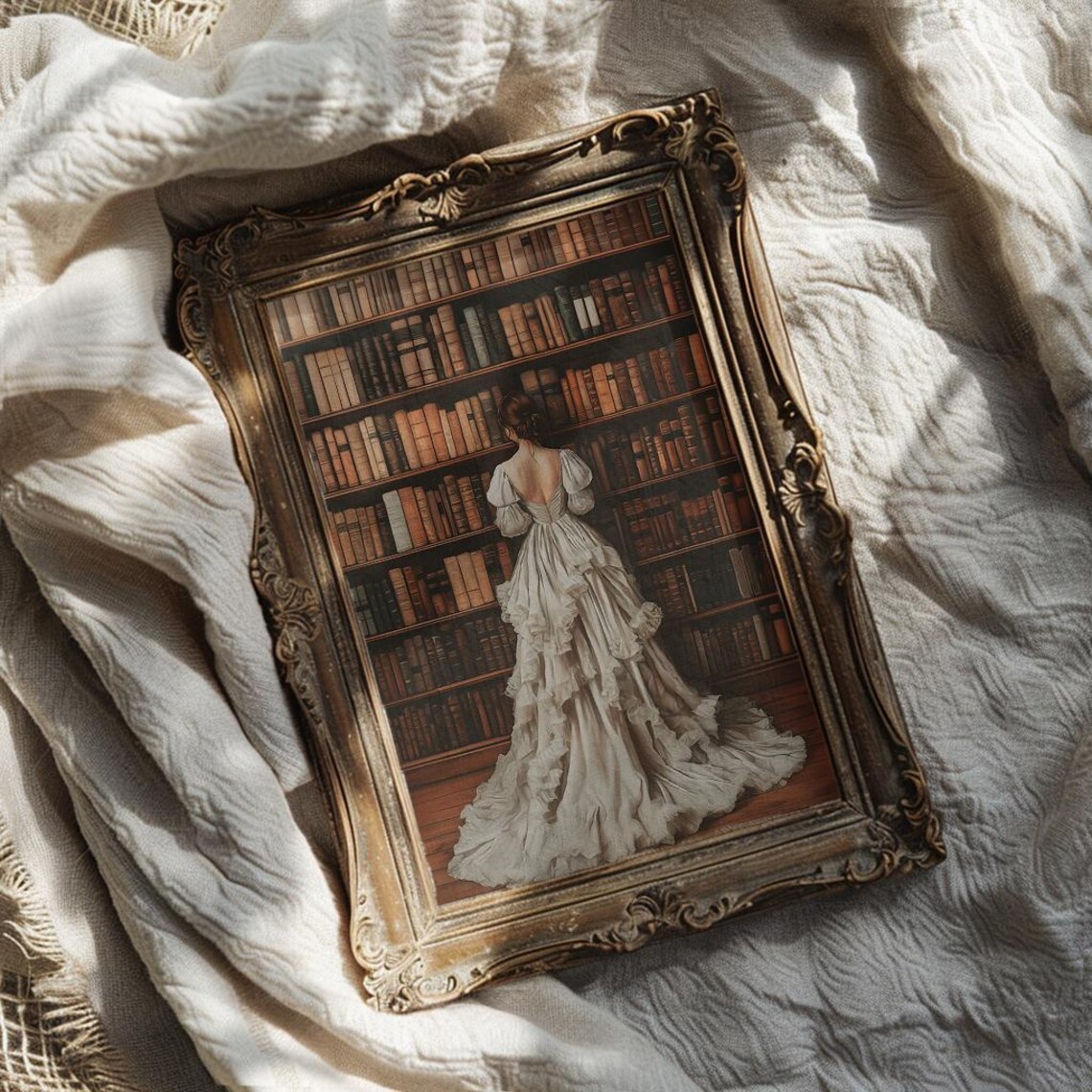 Woman In Gown Before Old Library Bookshelves Dark Academia Poster - Image 3