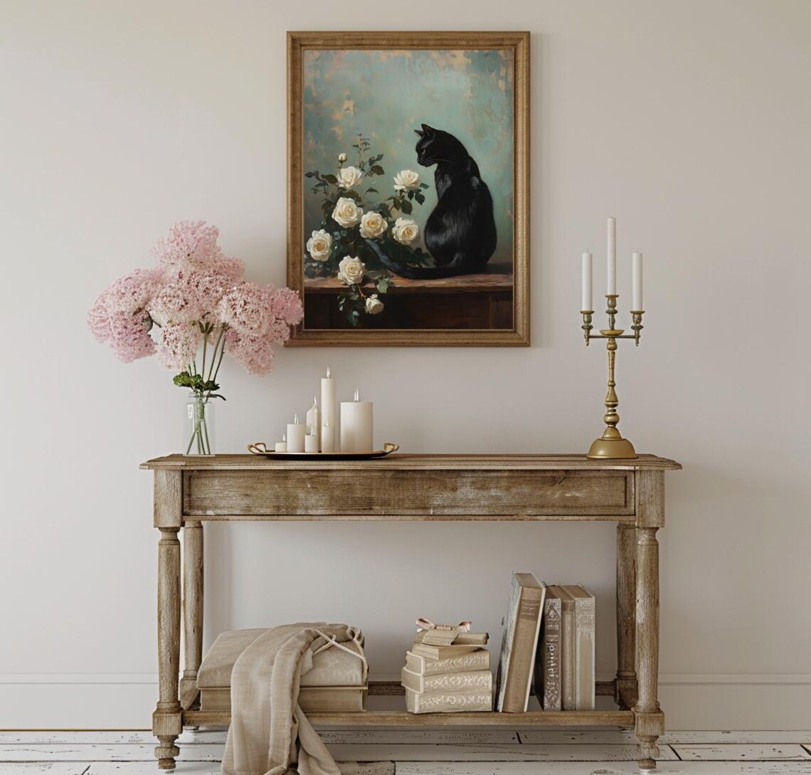 Black Cat Cottagecore Rose Art Print, Vintage Style - Image 3