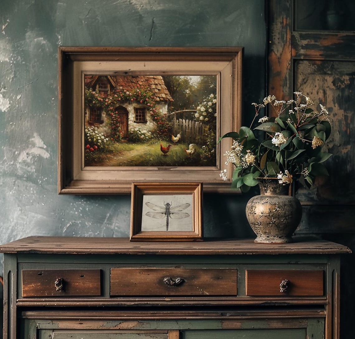 Rose Covered Cottage with Rooster and Hens in the Garden Poster - Image 2