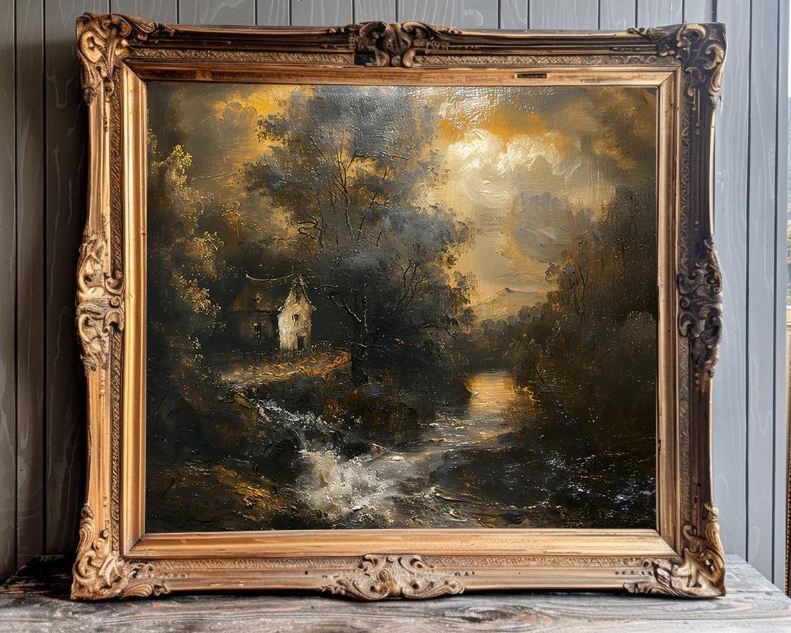 Small Cottage By Rushing Stream Beneath Stormy Golden Dusk Poster - Image 4