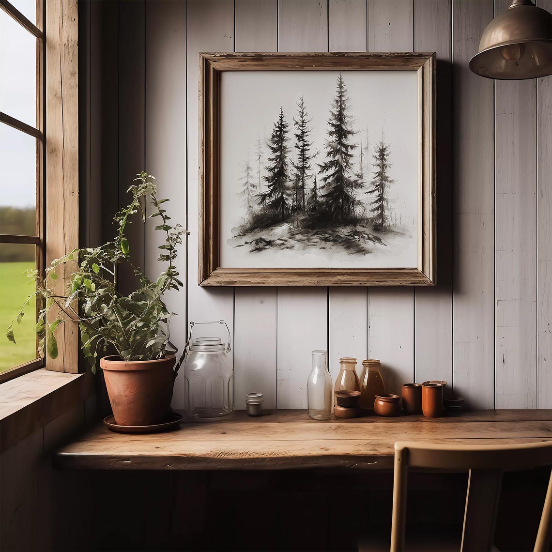 Tall Pines in Fog Monochrome Watercolor Forest Artwork Poster - Image 4