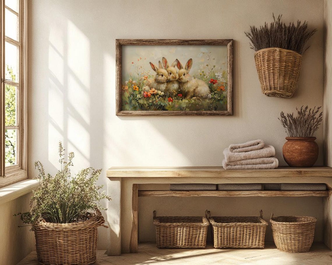 Three Baby Bunnies Among Wildflowers Spring Nursery Wall Poster - Image 3