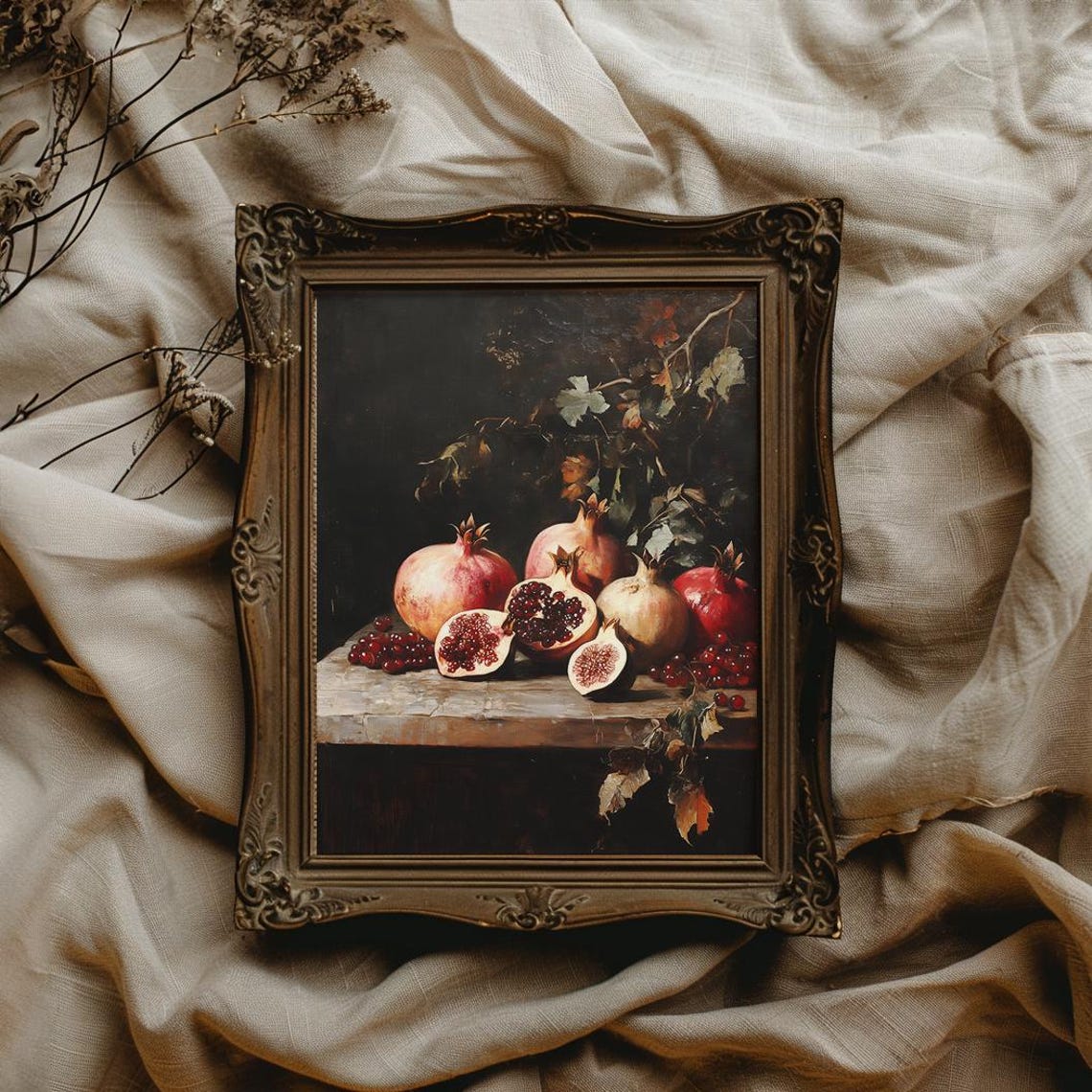 Moody Pomegranate and Fig Still Life in an Ornate Gold Frame Poster - Image 2