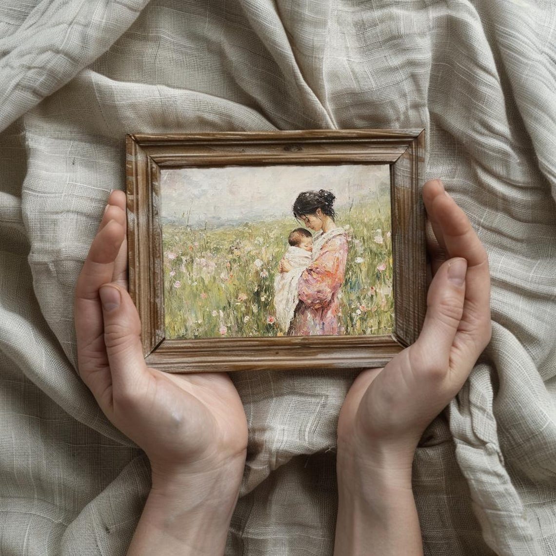 Mother Cradling Baby In Wildflower Meadow Impressionist Art Poster - Image 2