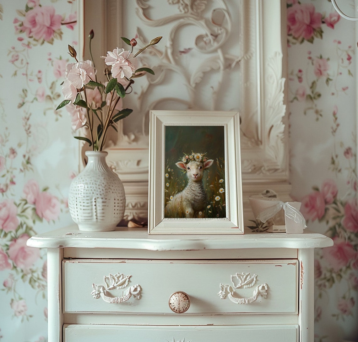 Baby Lamb Wearing Daisy Flower Crown in Spring Meadow Poster - Image 3