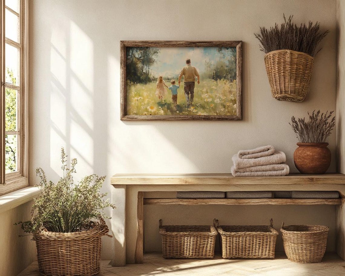 Father and His Two Children Walking Through a Daisy Meadow Poster - Image 3