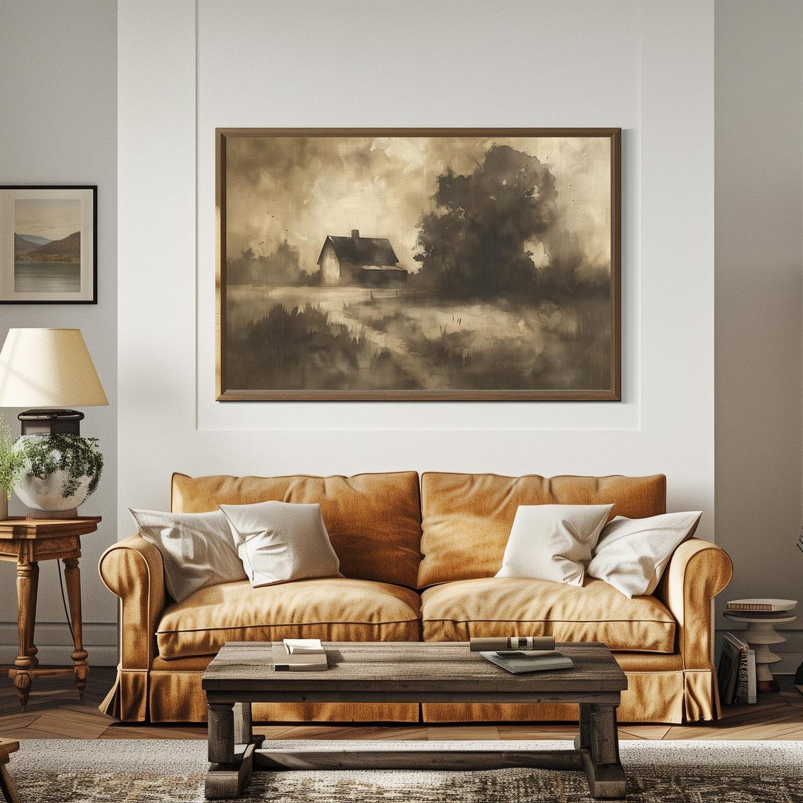 Dark Vintage Sepia Moody Barn Silhouette in a Misty Field Poster - Image 2