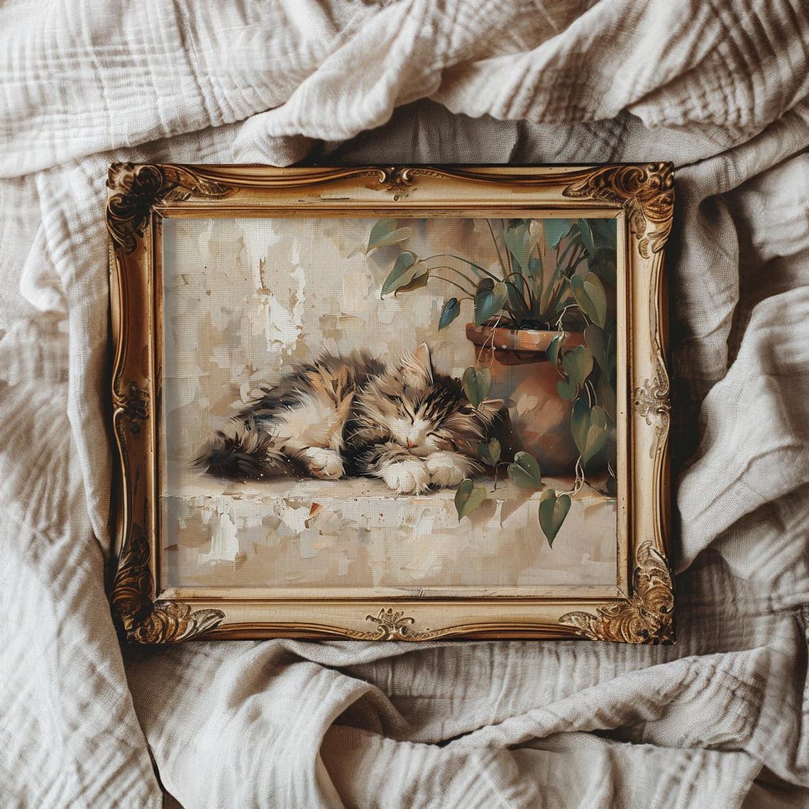Fluffy Kitten Sleeping Upright Beside a Leafy Potted Plant Poster - Image 2