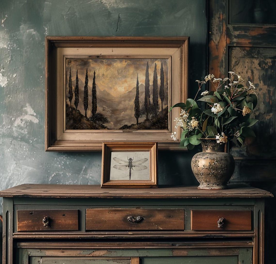 Dark Tuscany Cypress Trees Misty Mountains Vintage Landscape Poster - Image 4