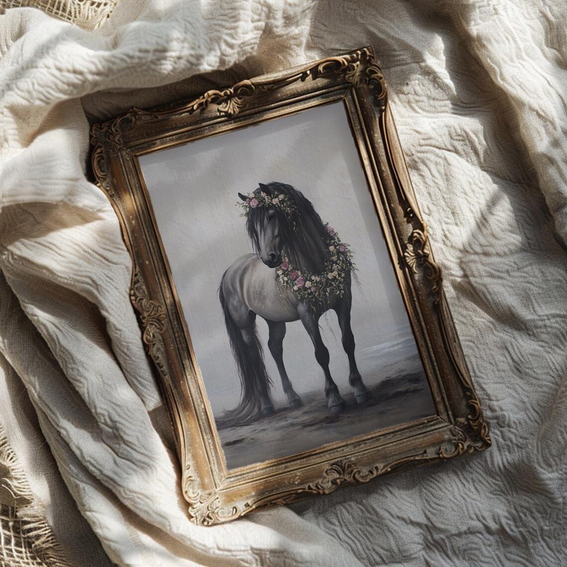 Black Horse with Floral Crown in Misty Field Portrait Poster - Image 2