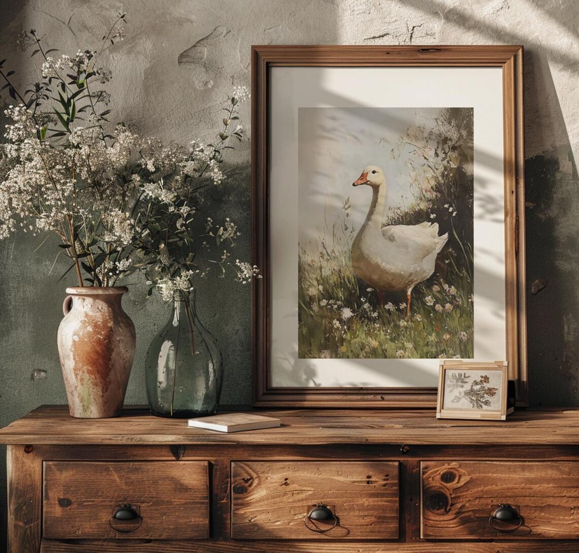 White Goose Standing Among Wildflowers Vintage Painting Poster - Image 3