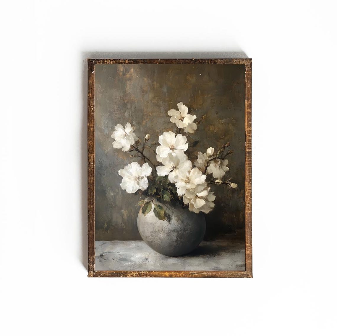White Dogwood Blossoms In Grey Vase Dark Moody Floral Still Poster - Image 2