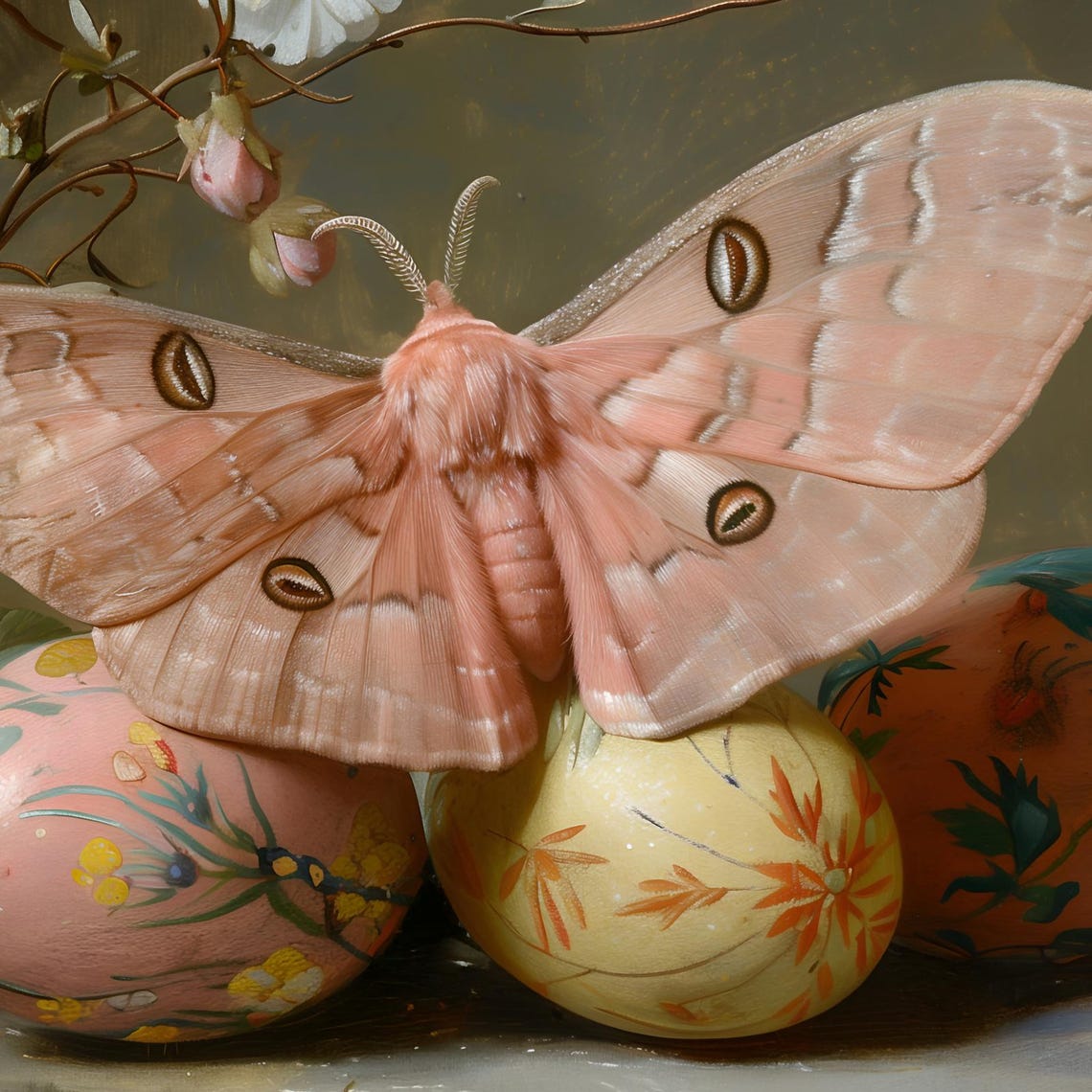 Pink Moth Resting On Hand Painted Easter Eggs With Blossoms Poster - Image 2
