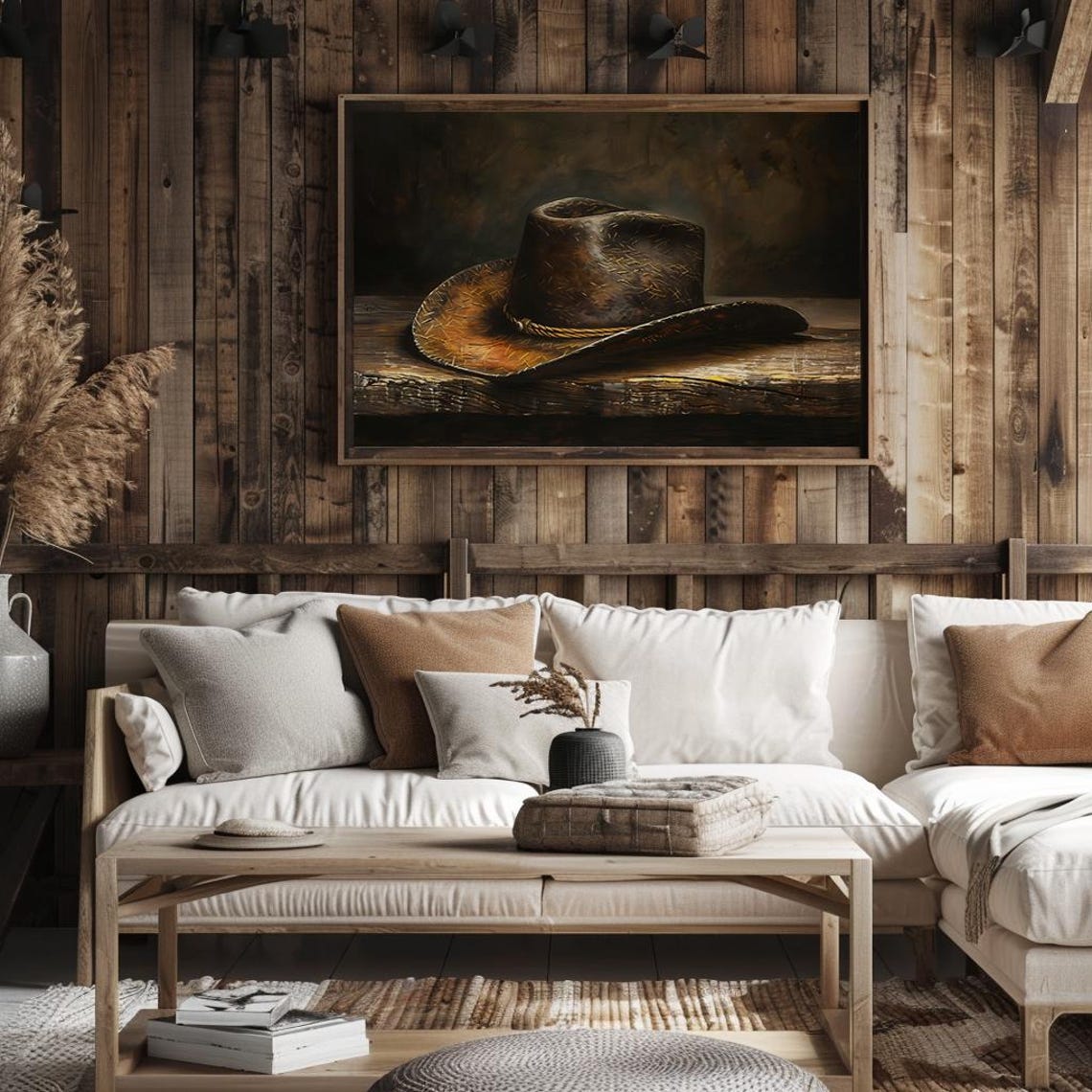 Worn Leather Cowboy Hat On Wooden Table Dark Rustic Style Poster - Image 3
