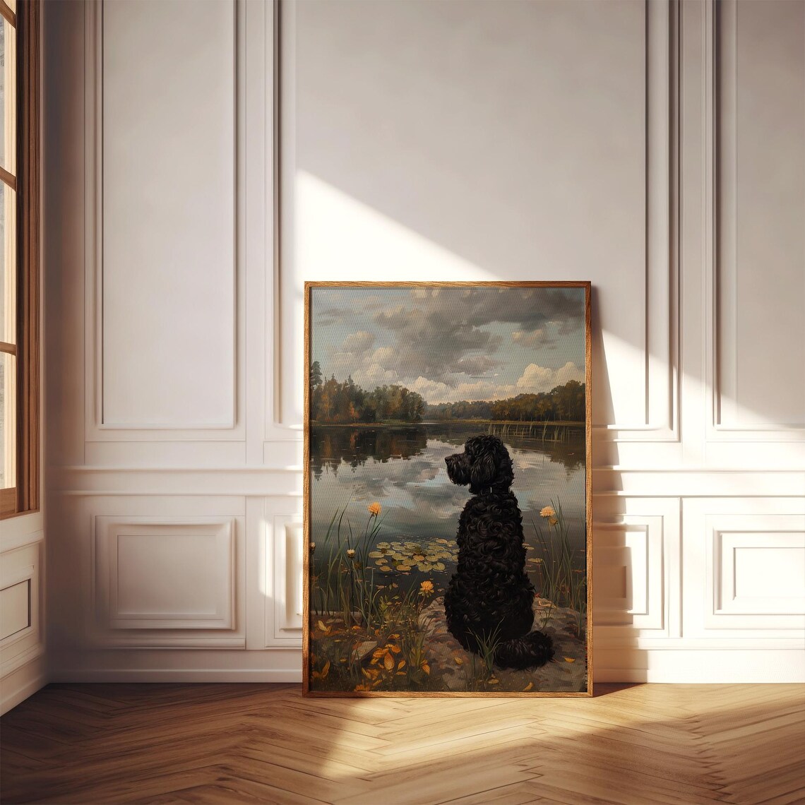 Black Curly Dog Sitting By Autumn Lake Lily Pads Vintage Poster - Image 3