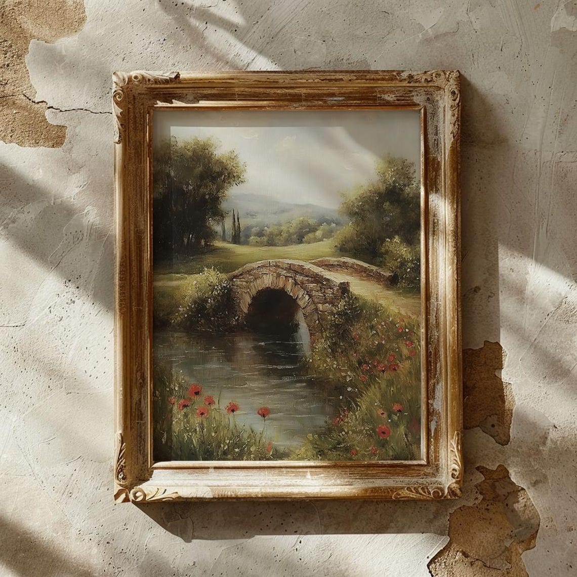 Stone Arch Bridge Over Stream With Red Poppies Country Art Poster - Image 3