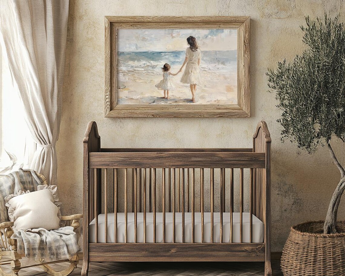 Mother and Daughter Walking Together on the Beach Impasto Oil Poster - Image 2