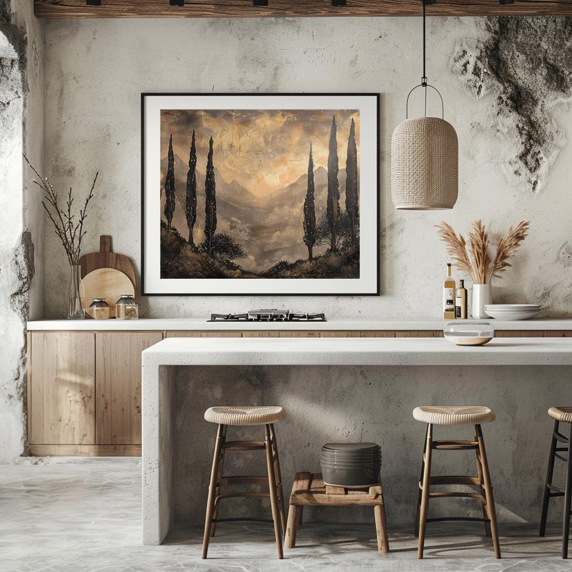 Dark Tuscany Cypress Trees Misty Mountains Vintage Landscape Poster - Image 2
