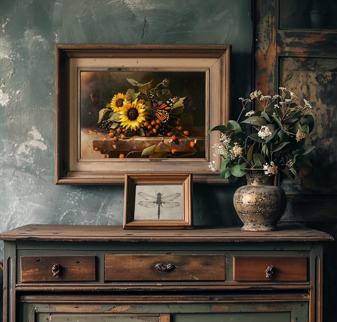 Sunflowers with Monarch Butterfly and Dark Grapes Still Life Poster - Image 3