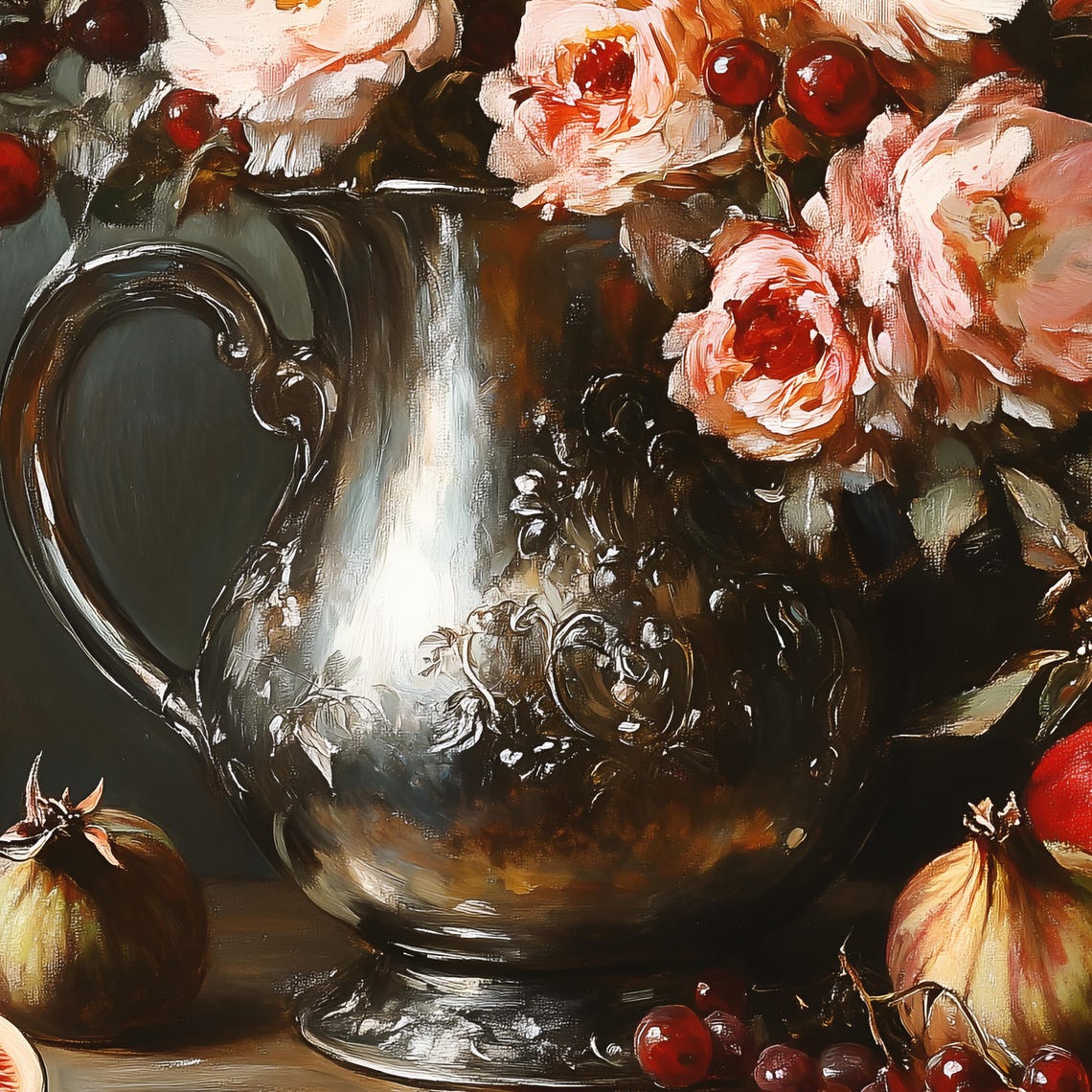 Silver Pitcher with Roses Pomegranates Moody Kitchen Still Life Poster - Image 2