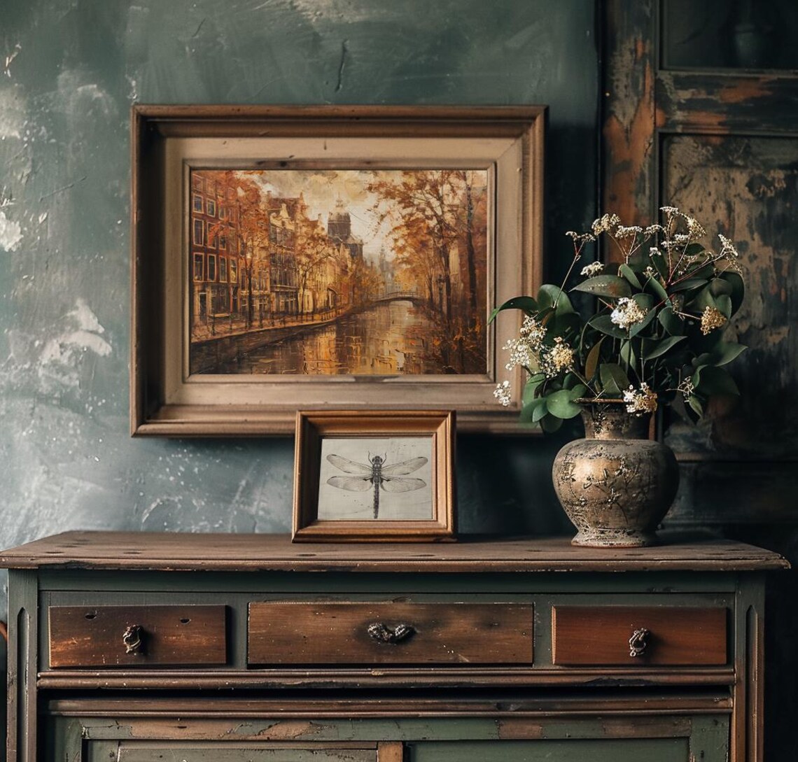 Amsterdam Canal Street In Golden Autumn Vintage Oil Painting Poster - Image 4