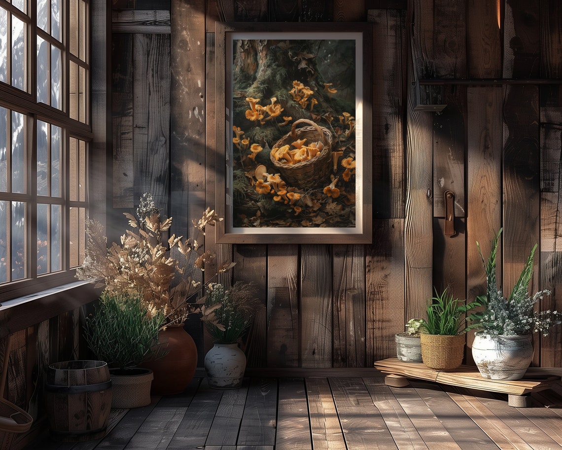Chanterelle Mushrooms In a Basket On a Dark Forest Floor Poster - Image 3