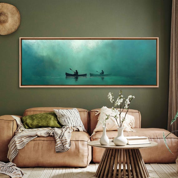 Canoeists Gliding On Misty Lake Wall Art Print Serene Blues And Greens