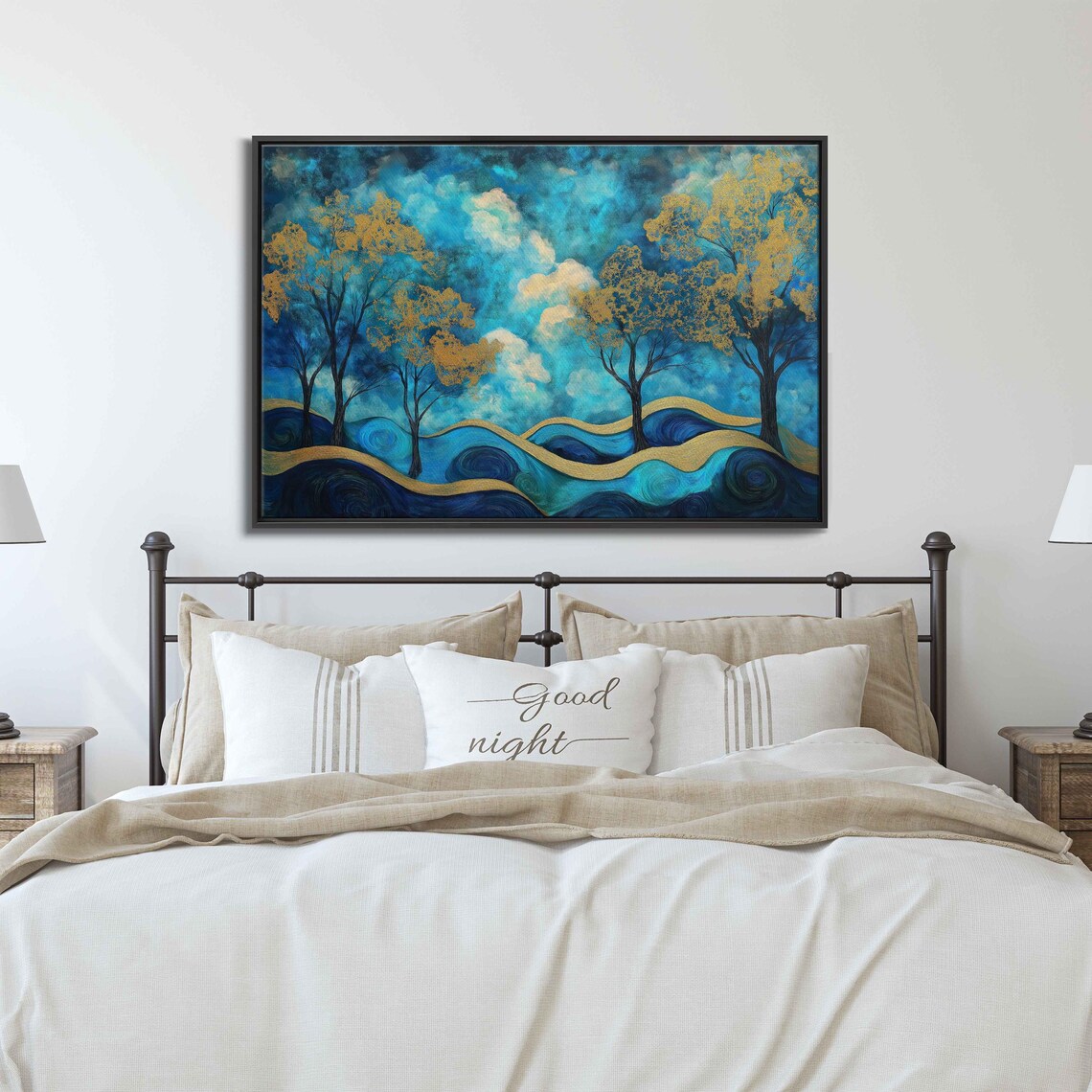 Ethereal Landscape Wall Art Print Shimmering Trees Vibrant Blue And Gold Palette - Image 3
