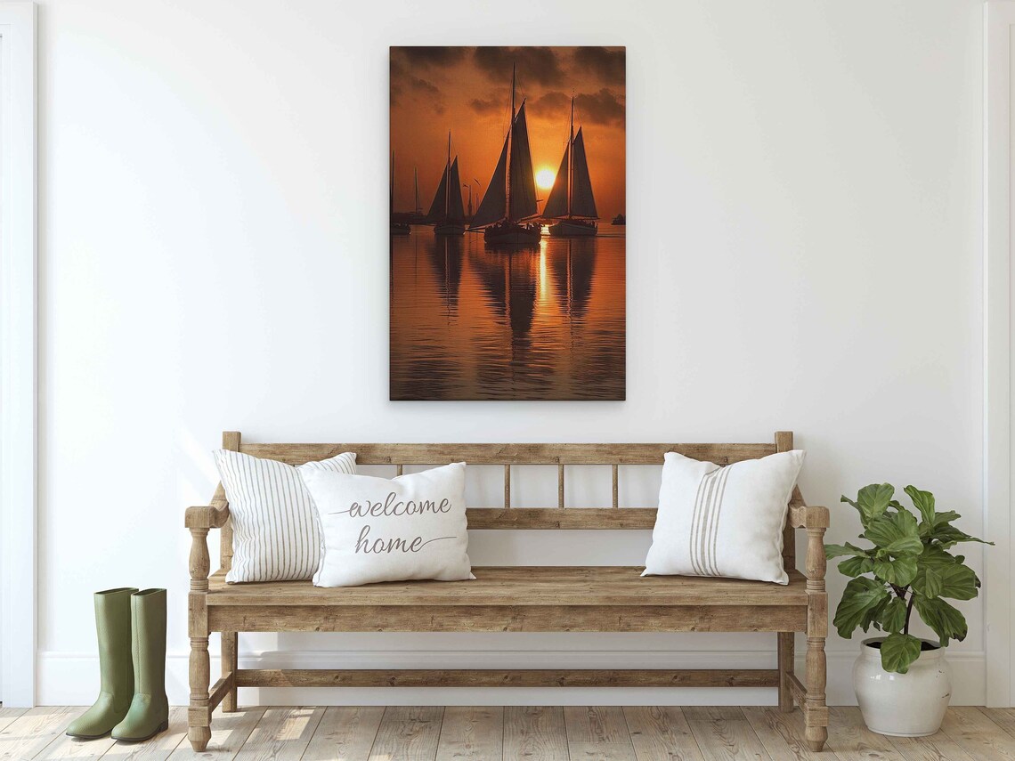 Sailboat Silhouettes At Golden Sunset On Calm Water Travel Poster - Image 2