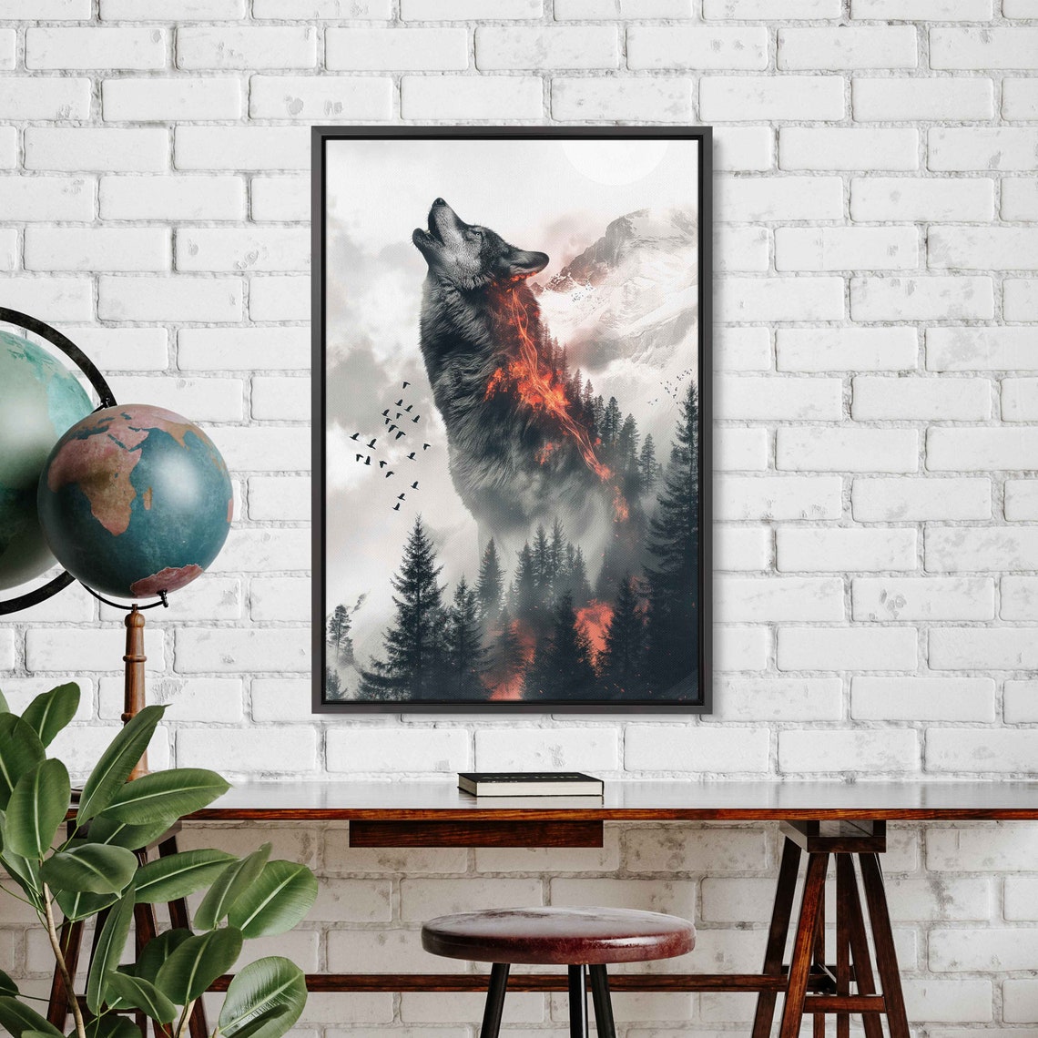 Howling Wolf Double Exposure Forest Fire Ember Mountain Poster