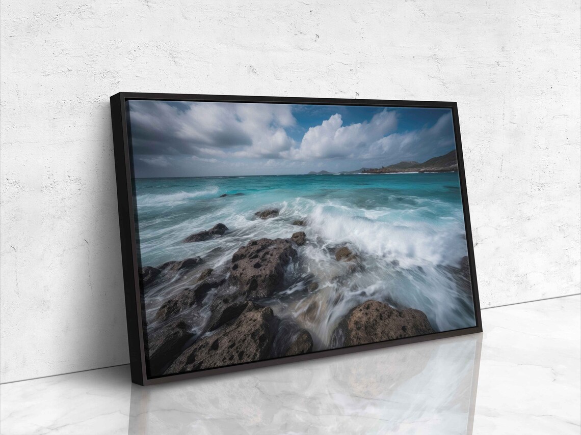 Turquoise Waves Crashing Dark Volcanic Rocks Rocky Beach Seascape Poster - Image 4