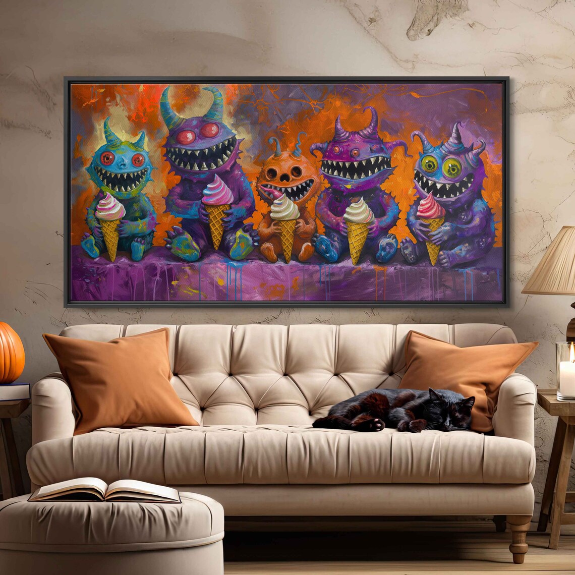 Colorful Halloween Monsters Eating Ice Cream Cones Spooky Wall Art