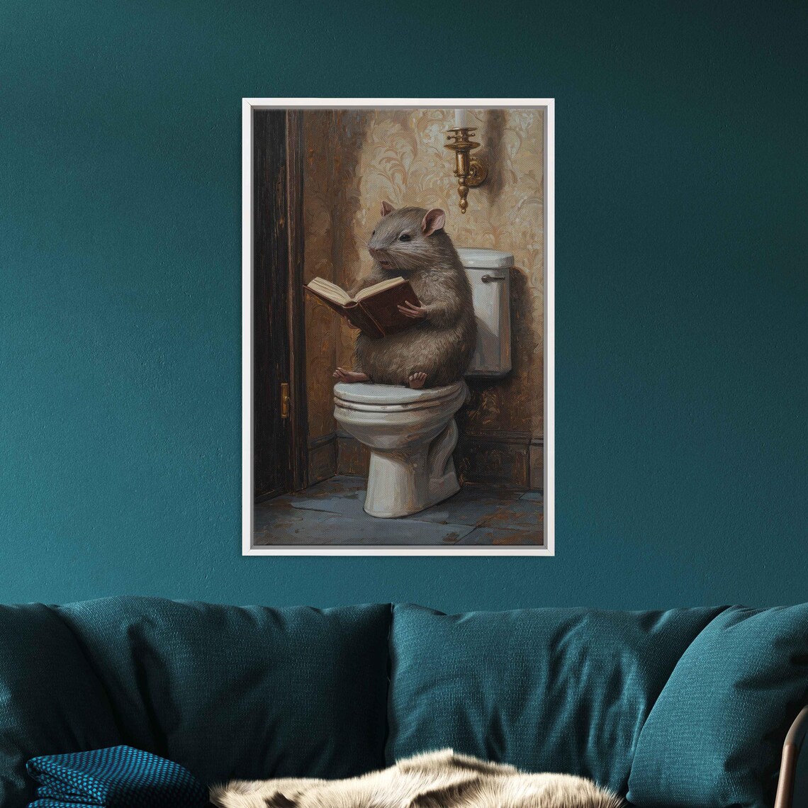 Whimsical Rat Reading Book On Toilet Vintage Bathroom Storybook Art Poster