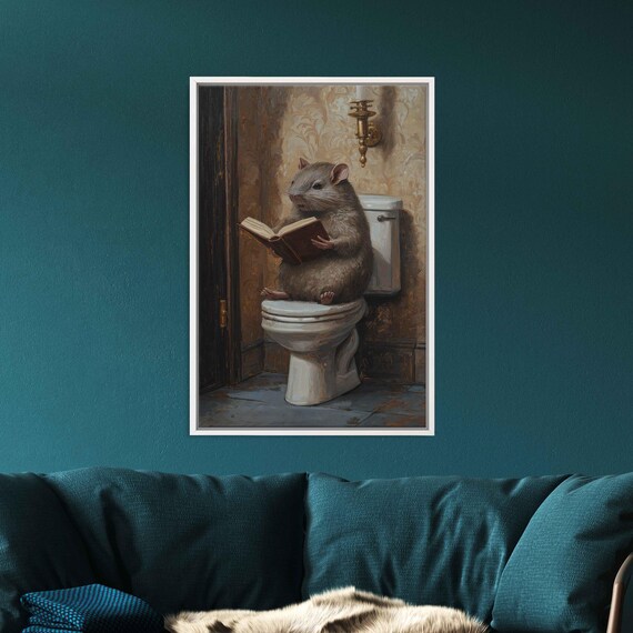 Whimsical Rat Reading Book On Toilet Vintage Bathroom Storybook Art Poster