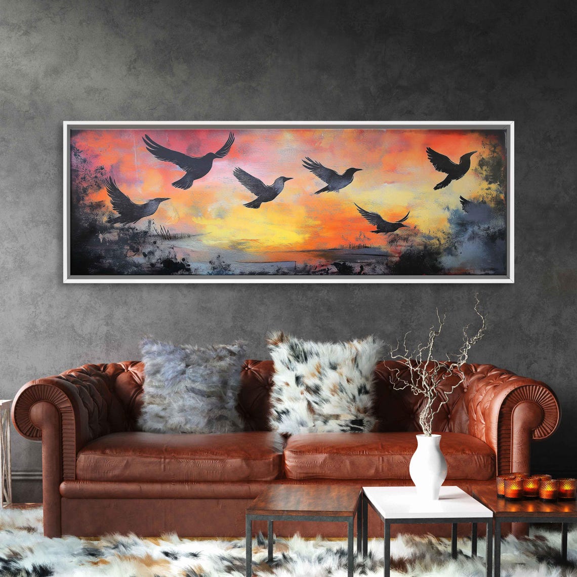 Flock Of Birds Sunset Silhouette Orange Sky Panoramic Wall Art Print