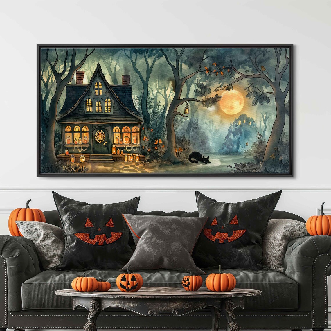 Cozy Witch Cottage With Glowing Lanterns Black Cat Under Harvest Moon Wall Art - Image 3