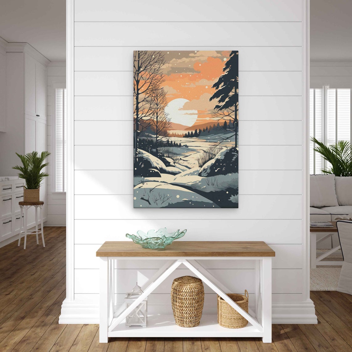 Winter Sunset Moonrise Snowy Forest Pop Art Landscape Poster - Image 2