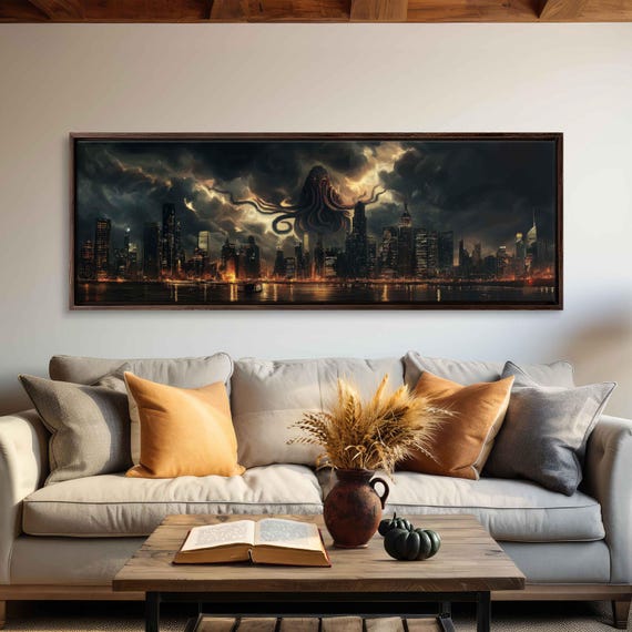 Cthulhu Over City Skyline, Dark Clouds Reflections