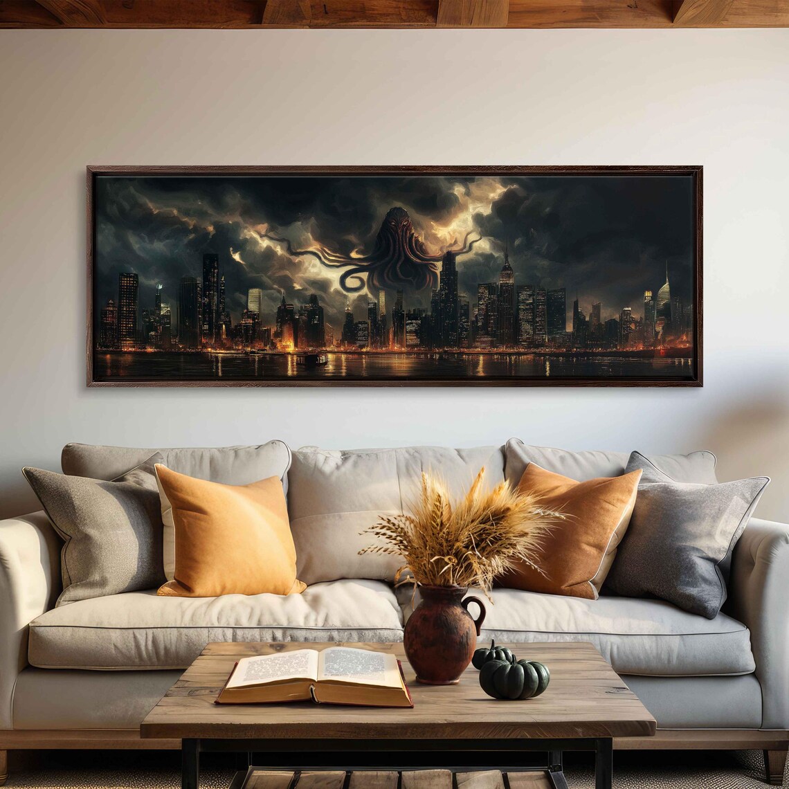 Cthulhu Over City Skyline, Dark Clouds Reflections