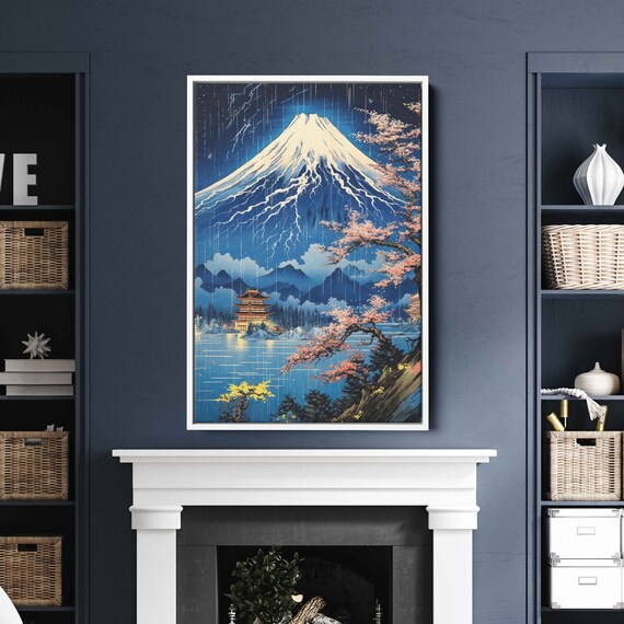 Mount Fuji Ukiyo E Lightning Cherry Blossom Pagoda Japan Art Print