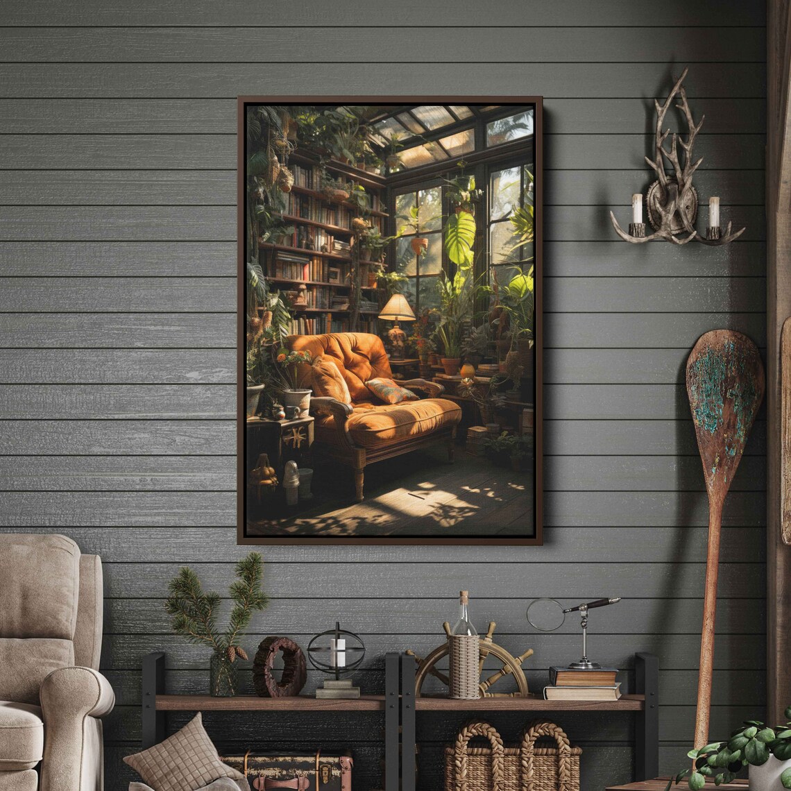 Greenhouse Book Nook Cozy Library Plants Sunlit Reading Corner Art Print