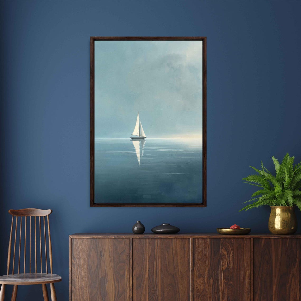 White Sailboat On Glassy Teal Sea Perfect Reflection Art Poster - Image 3