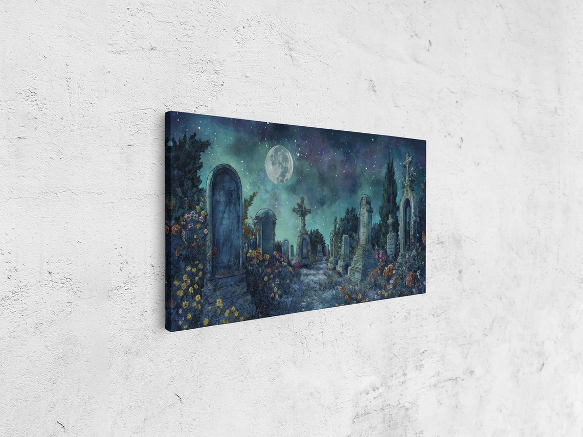 Moonlit Haunted Graveyard Watercolor Tombstones Stars Night Print - Image 4