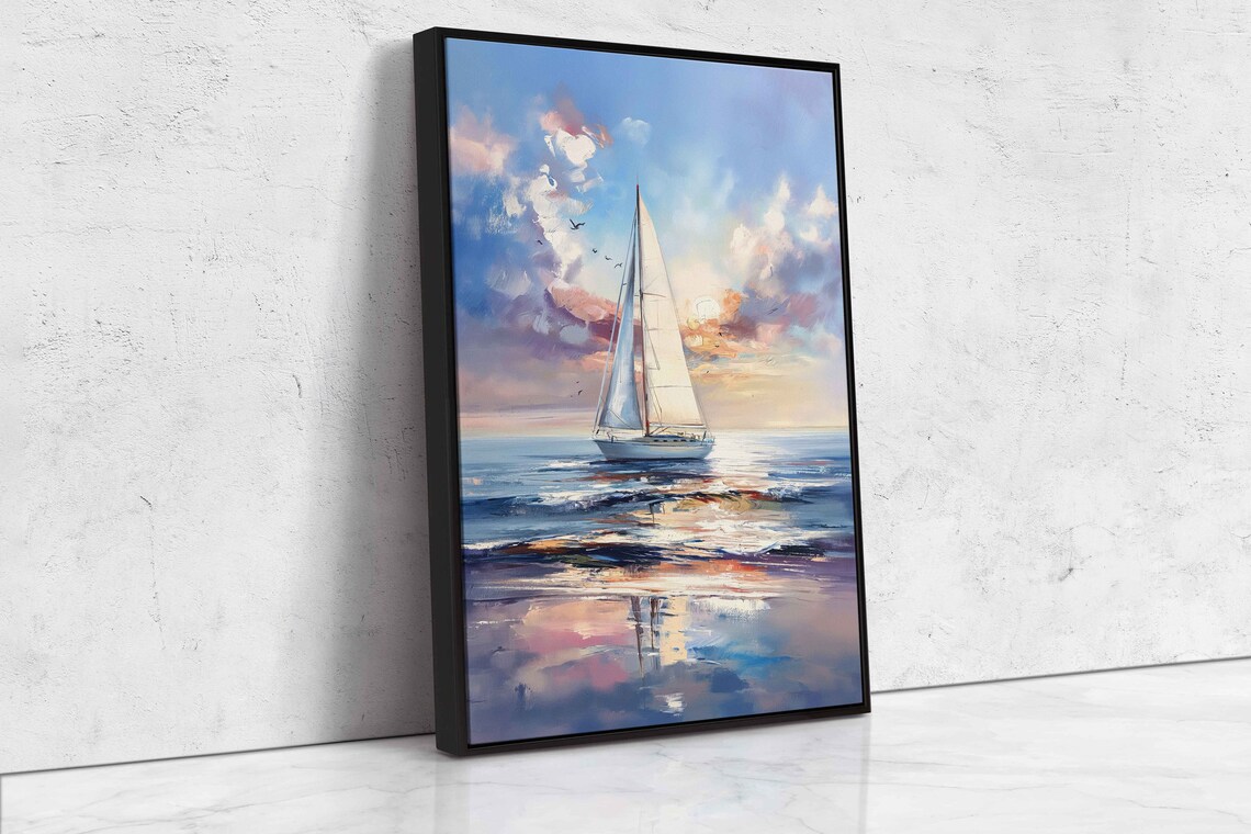 Sailboat Sunset Calm Reflective Water Pink Clouds Seascape Painting Print - Image 4