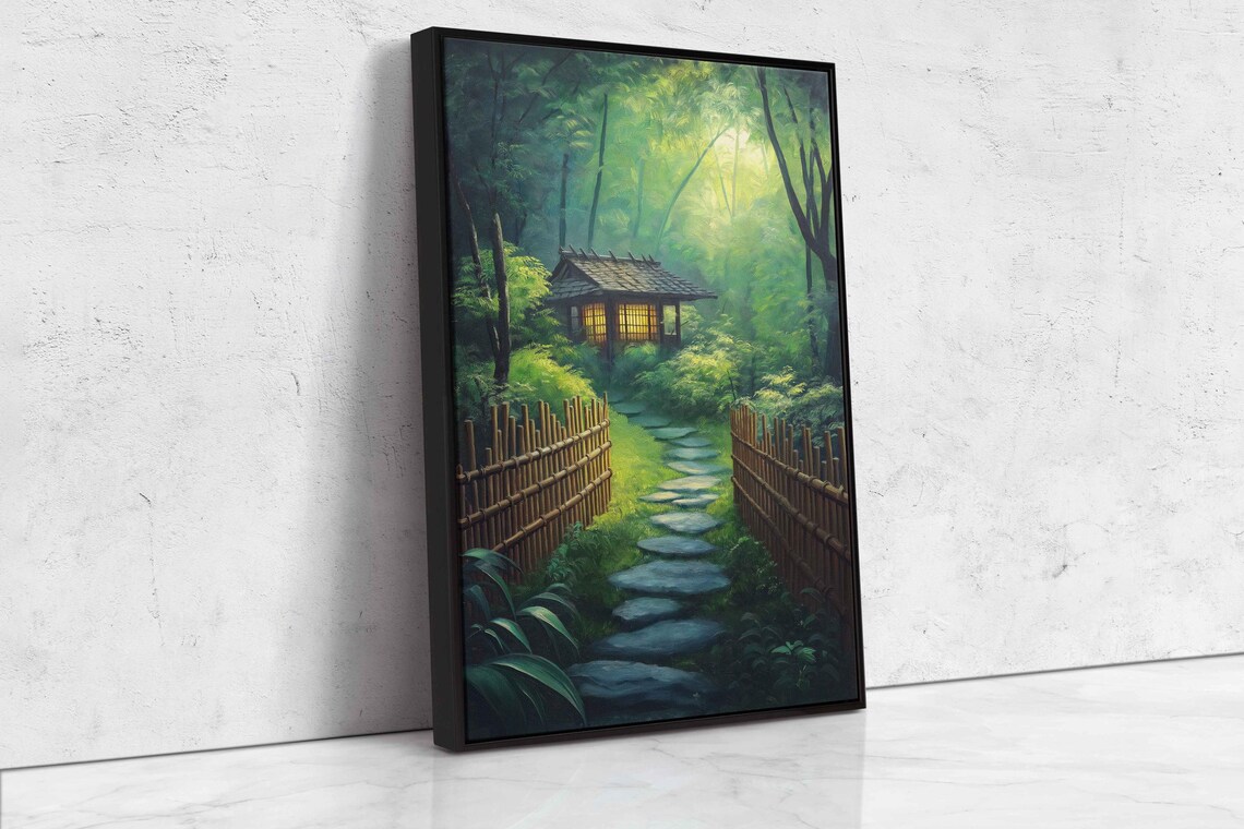 Japanese Tea House Bamboo Forest Stone Path Glowing Windows Zen Garden Print - Image 4